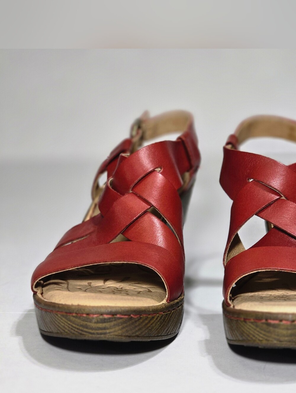BORN Red Leather Strappy Wedge Sandal - Women 11 - Picture 5 of 11